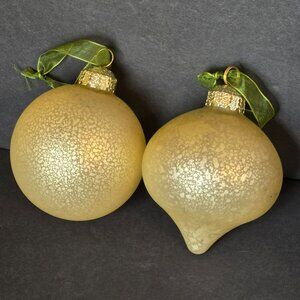 Set of 2 Frontgate Frosted Gold Crackle Glass Christmas Ornaments 4"